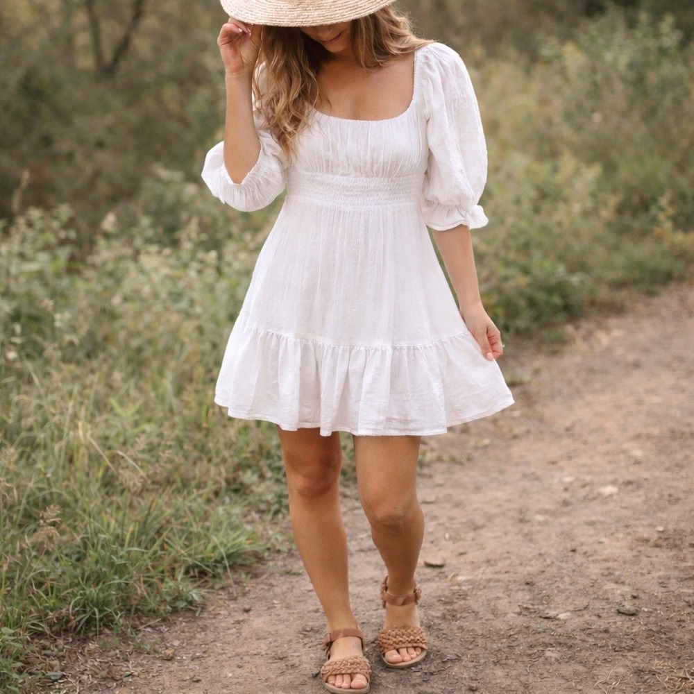 Mika & Gala Milkmaid Mini Dress 12 White Puff Sleeve Cottagecore Boho Beachy NEW